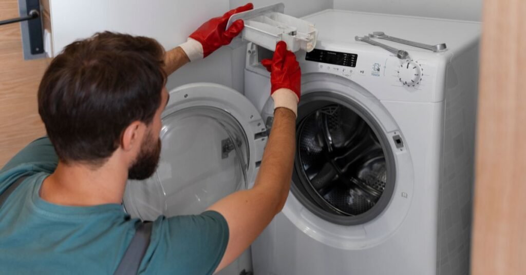 Professional inspecting washing machine